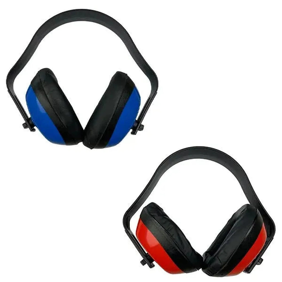 Casque antibruit avec brosse noire, une fois avec of the oreillettes rouges et une fois avec of the oreillettes bleues