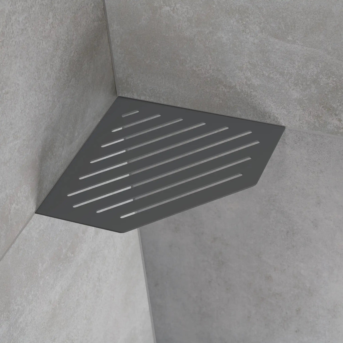 Ambientebild betongraue fünfeckige Duschablage in einer Ecke eingebaut
#A0004308