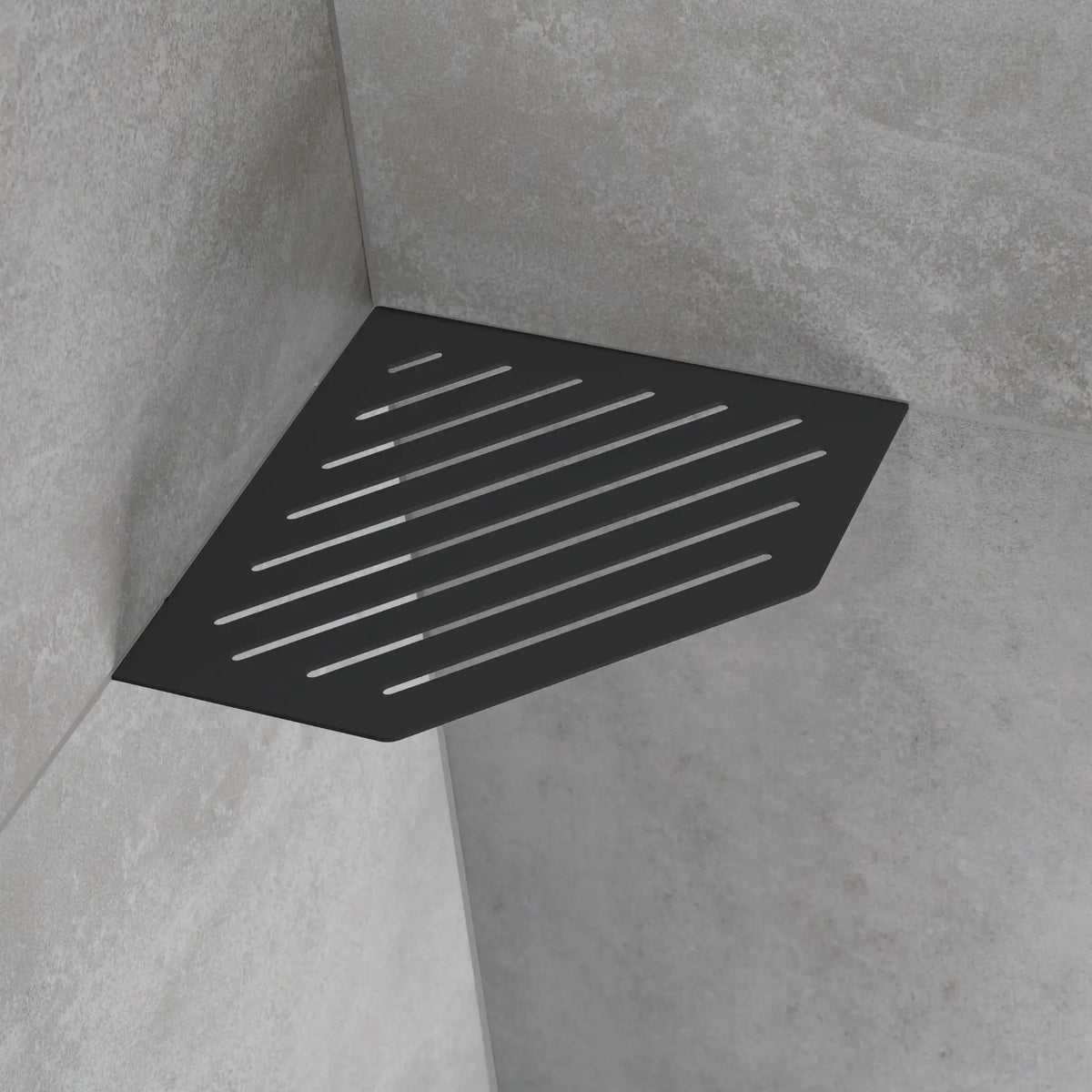 Ambientebild schwarze fünfeckige Duschablage in einer Ecke eingebaut
#A0004292