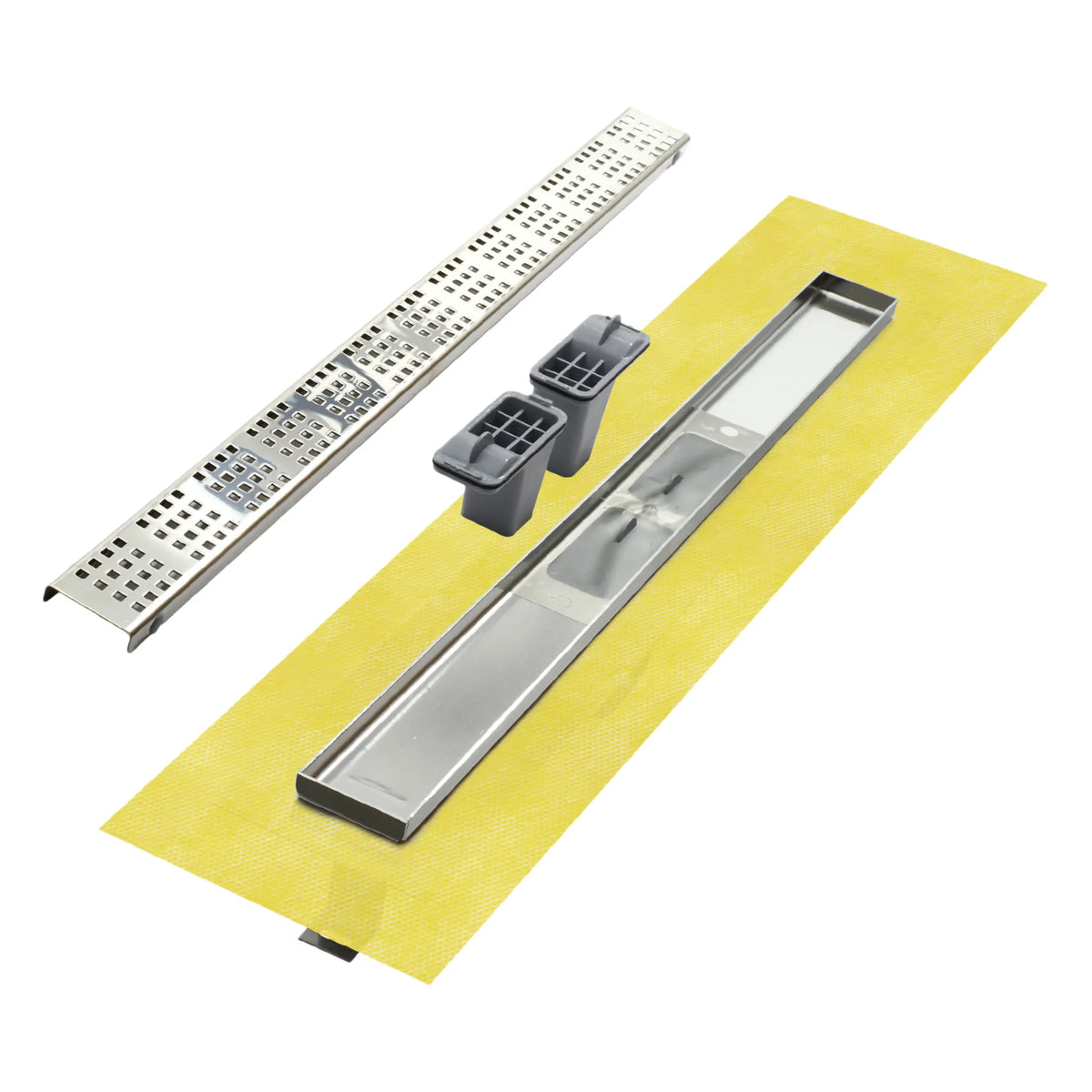 Detailed view of the flat shower drain from Dural with yellowm Abdichtflansch and Square-grateabdeckung