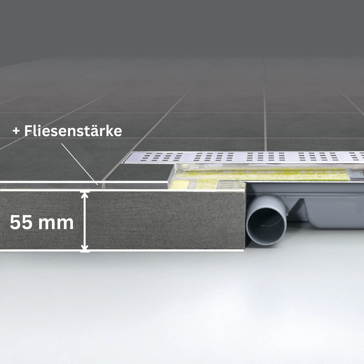 Side ambience image of the shower drain with square grate cover and horizontal drain. The low installation height of 55mm is marked.