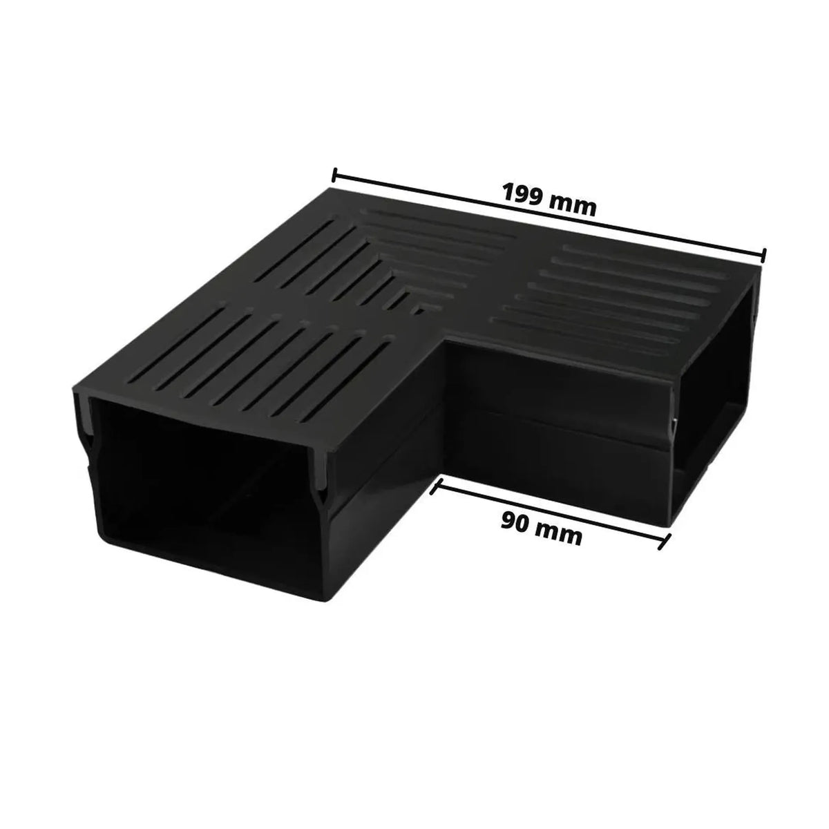 Photo cotée de la pièce d'angle UDP 100 avec grille noire. Bord extérieur 199 mm, bord intérieur 90 mm
#FR0003391