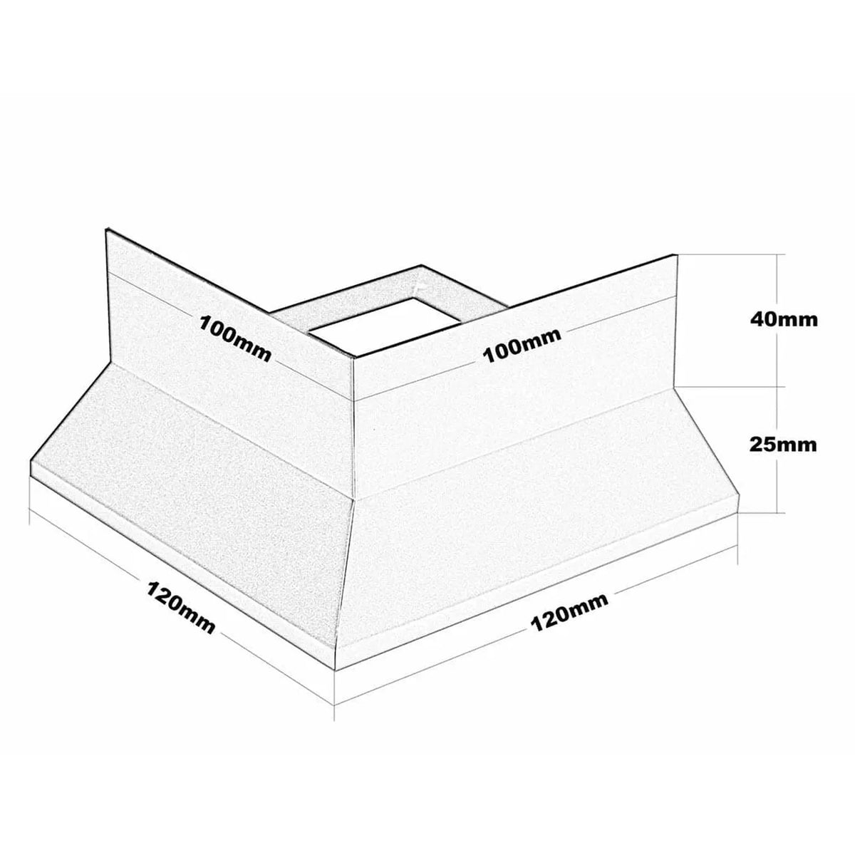 Dessin technique de la pièce d'angle profilé de balcon en forme de Y. 120 mm de largeur en bas, 120 mm de longueur en bas, 100 mm de largeur en haut, 100 mm de longueur en haut, 65 mm de hauteur #FR0001316
#FR0003437