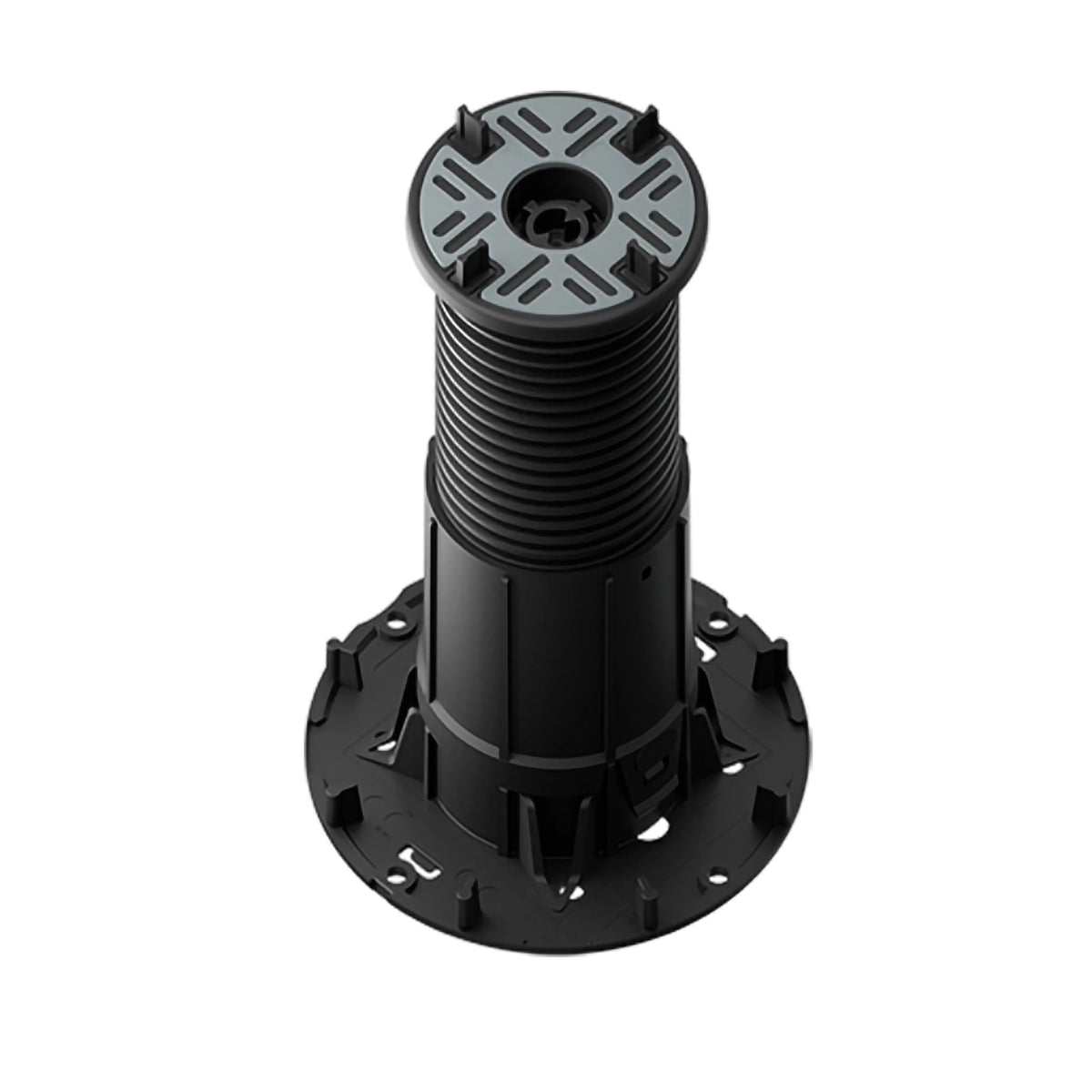 Pedestal Flexibal Pro L fully extended made of black PVC with self-levelling pedestal head for 4mm joint widths. #A0005225 #A0005226