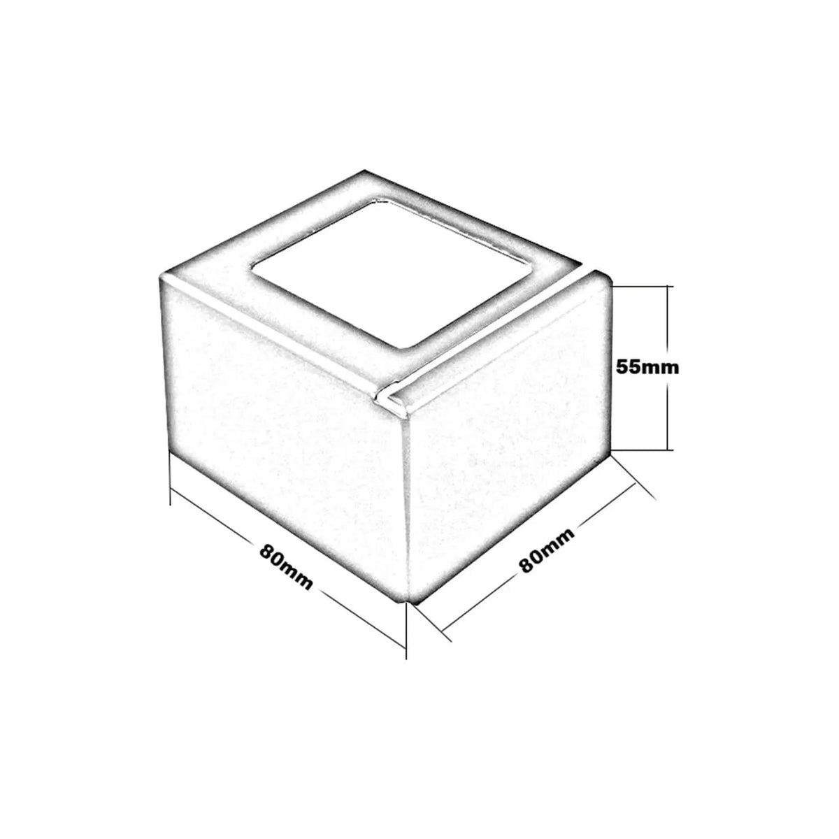 Technical drawing of the corner piece balcony profile L-shape. 80 mm Wide, 80 mm length, 55 mm height #A0003421 #A0003412