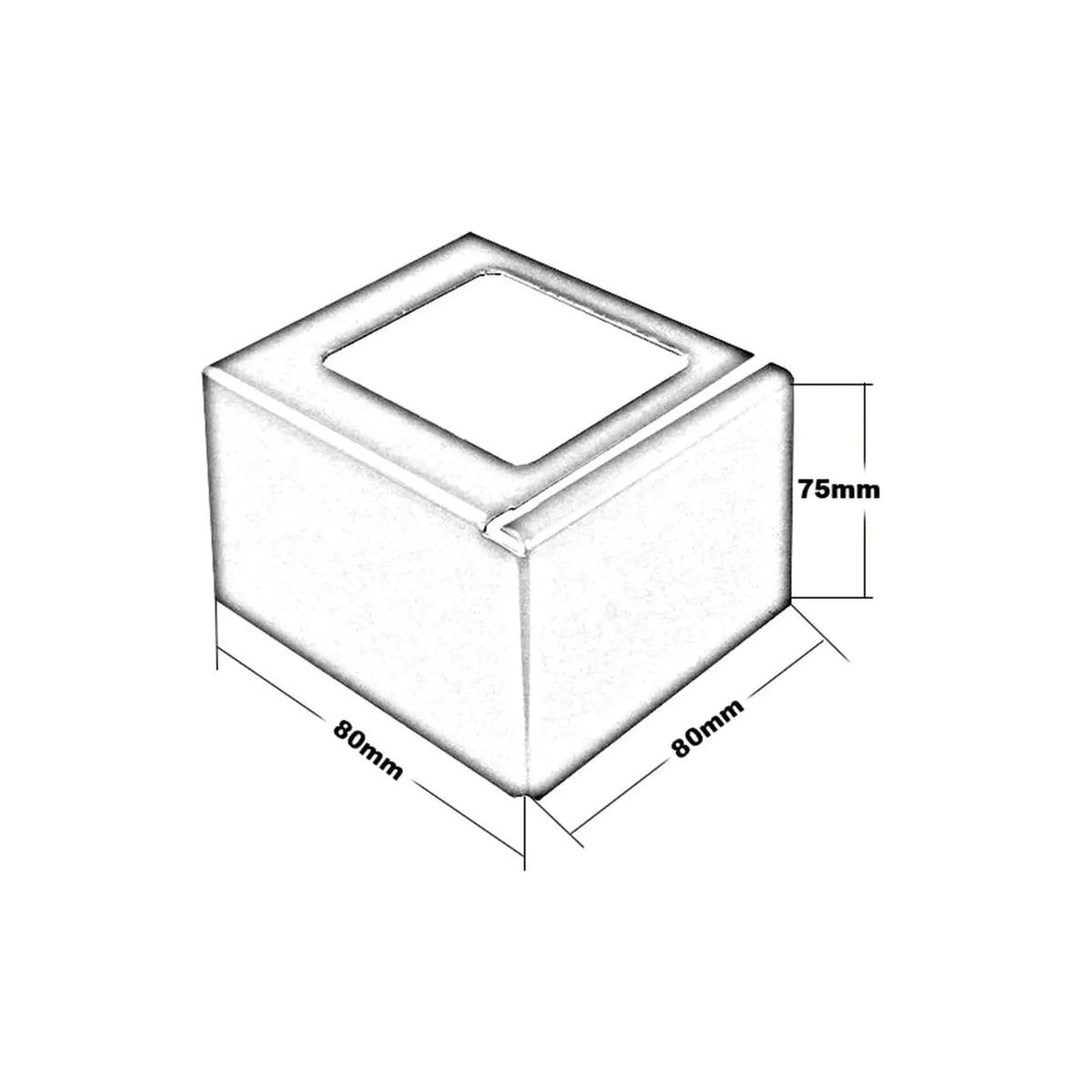 Technical drawing of the corner piece balcony profile L-shape. 80 mm Wide, 80 mm length, 75 mm height #A0003423 #A0003414