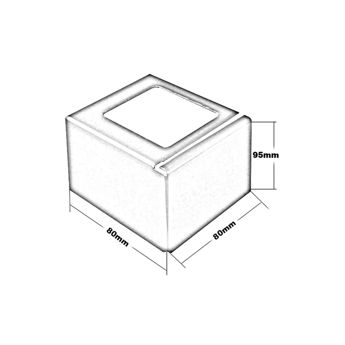 Technical drawing of the corner piece balcony profile L-shape. 80 mm Wide, 80 mm length, 95 mm height #A0003425 #A0003416