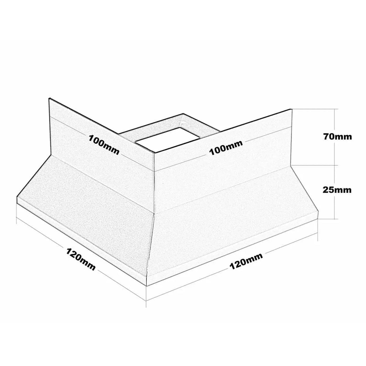 Dessin technique de la pièce d'angle pour profilé de balcon en forme de Y. 120 mm de largeur en bas, 120 mm de longueur en bas, 100 mm de largeur en haut, 100 mm de longueur en haut, 95 mm de hauteur #A0003430 #A0001318