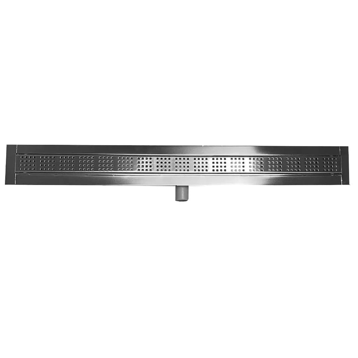 Shower drain made of V2A stainless steel from above with square pattern on the grate and horizontal drain