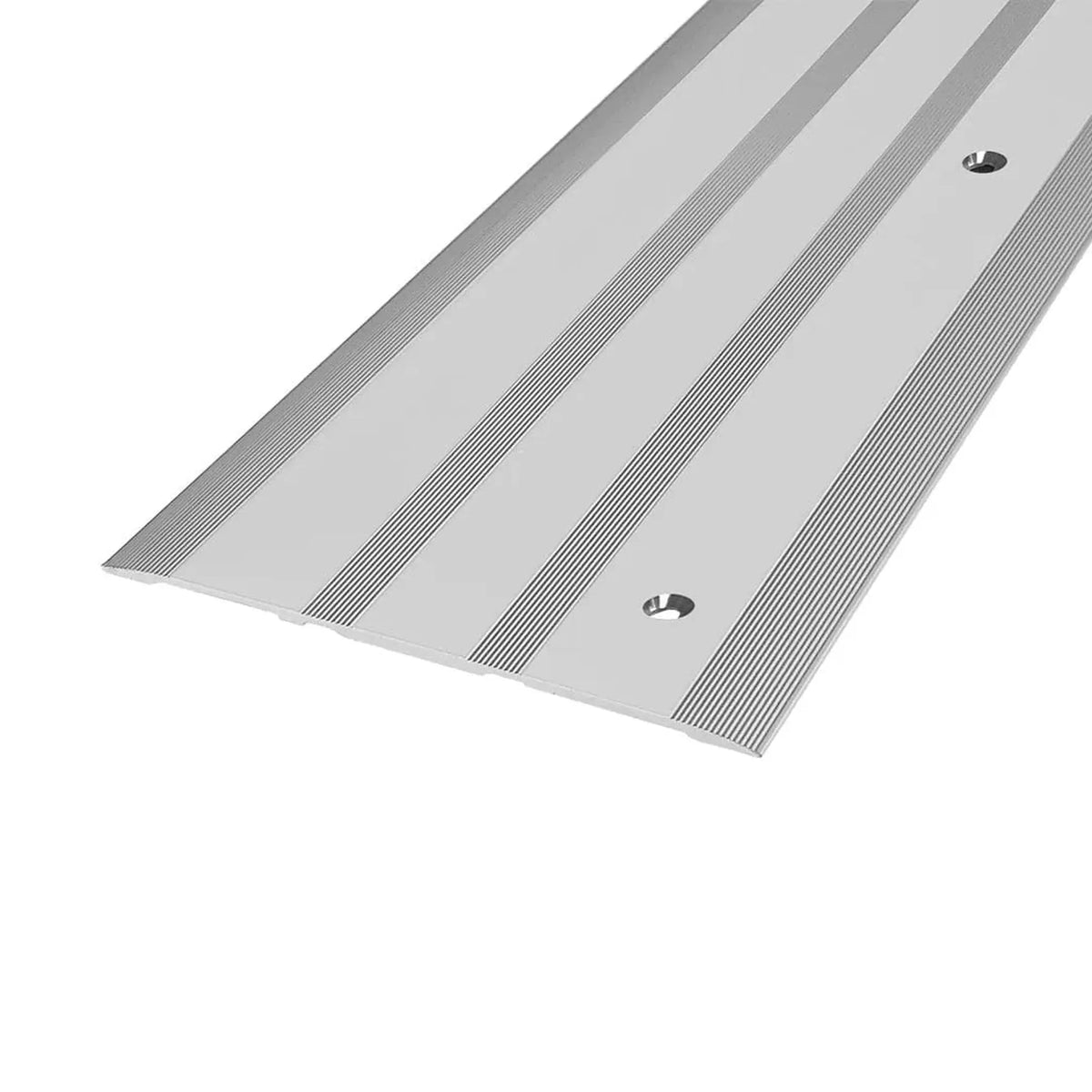 Detailed view of a silver cover profile with two drill holes and grooved surface #A0002939 #A0002943