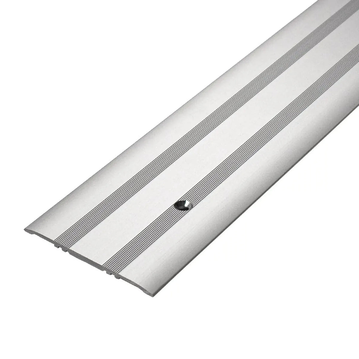 Detailed view of a silver cover profile with drill hole and grooved surface #A0002938 #A0002942