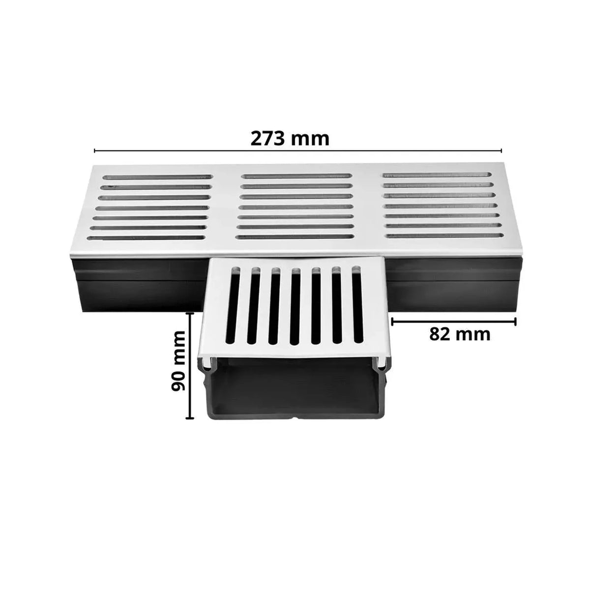 Nahaufnahme des breiten und flachen T-Stücks UD Pro 100 mit silbernem Rost bemaßt #A0003384