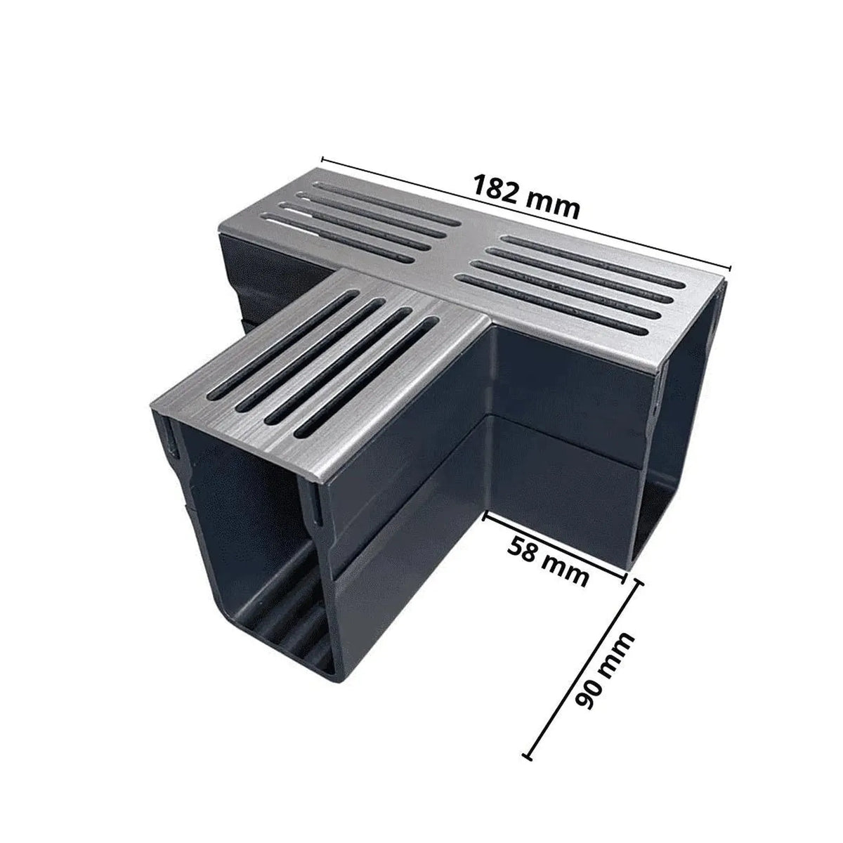 Nahaufnahme des schmalen und hohen T-Stücks UD Pro 65 mit silbernem Rost bemaßt #A0003396