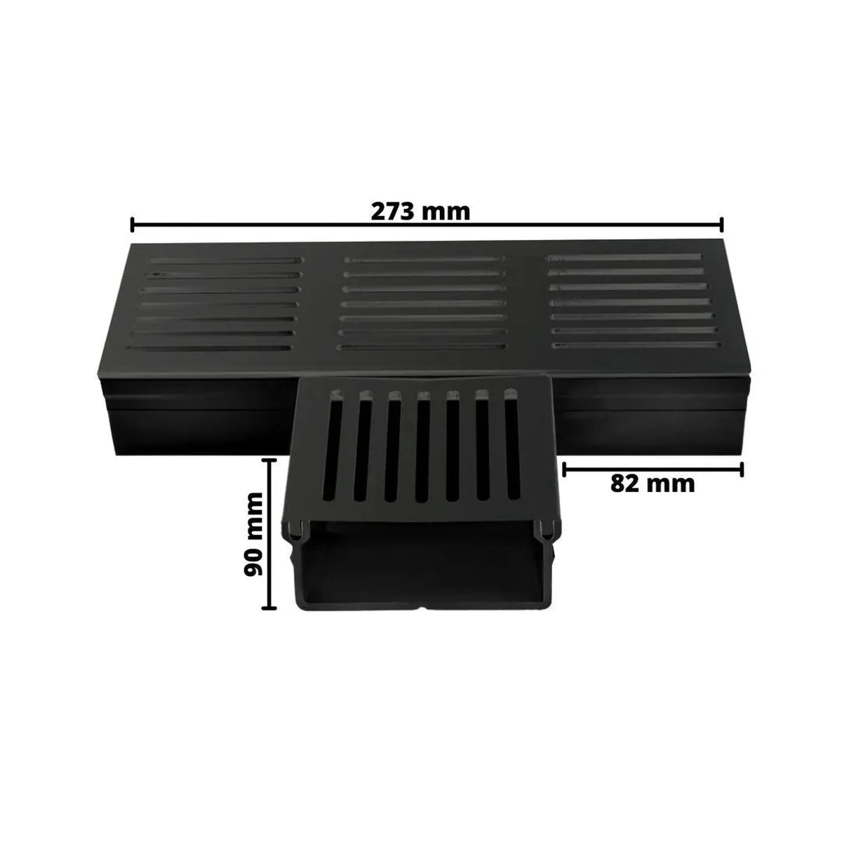 Bemaßtes T-Stück UD Pro 100 schwarz. Breite Seite: 273 mm, Innenseite: 82 mm, Steg: 90 mm #A0003390