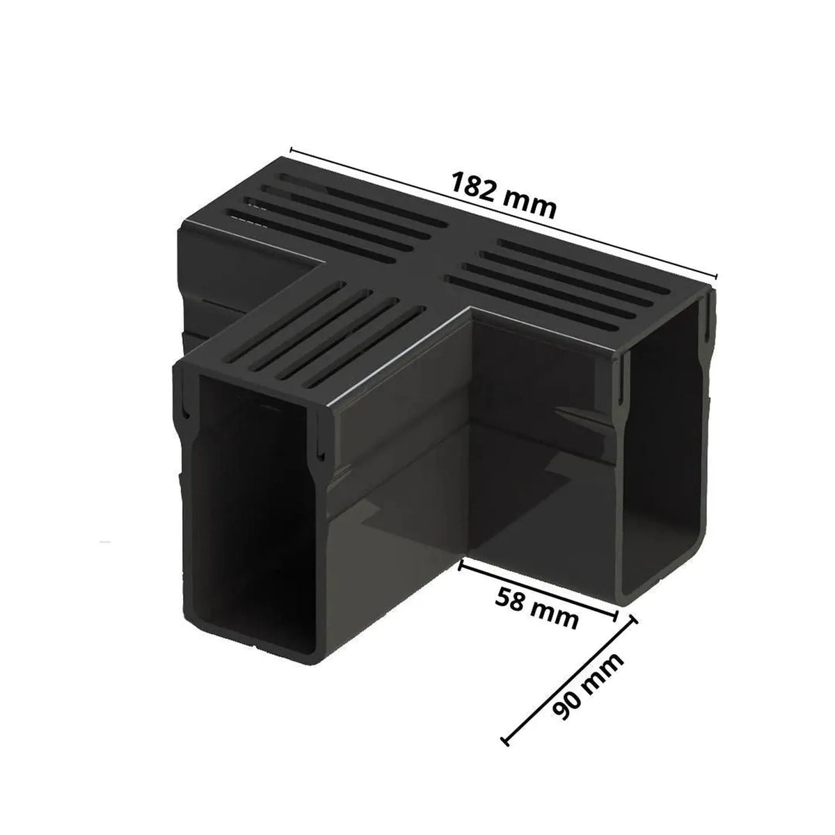 Bemaßtes T-Stück UD Pro 65 schwarz. Breite Seite: 182 mm, Innenseite: 58 mm, Steg: 90 mm #A0003401