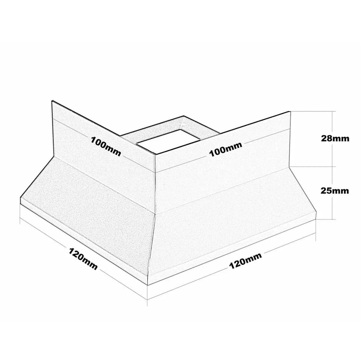 Dessin technique de la pièce d'angle pour profilé de balcon en forme de Y. 120 mm de largeur en bas, 120 mm de longueur en bas, 100 mm de largeur en haut, 100 mm de longueur en haut, 53 mm de hauteur #A0003429 #A0001312
