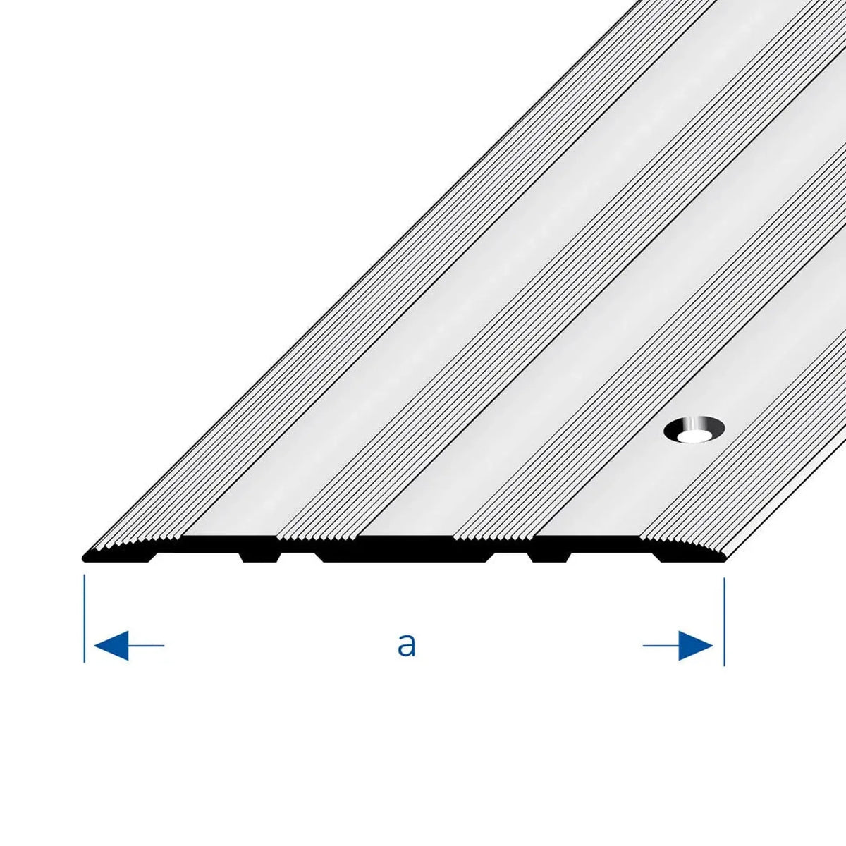 Drawing with width dimension a of a silver cover profile with grooved surface and drill hole #A0002939 #A0002943