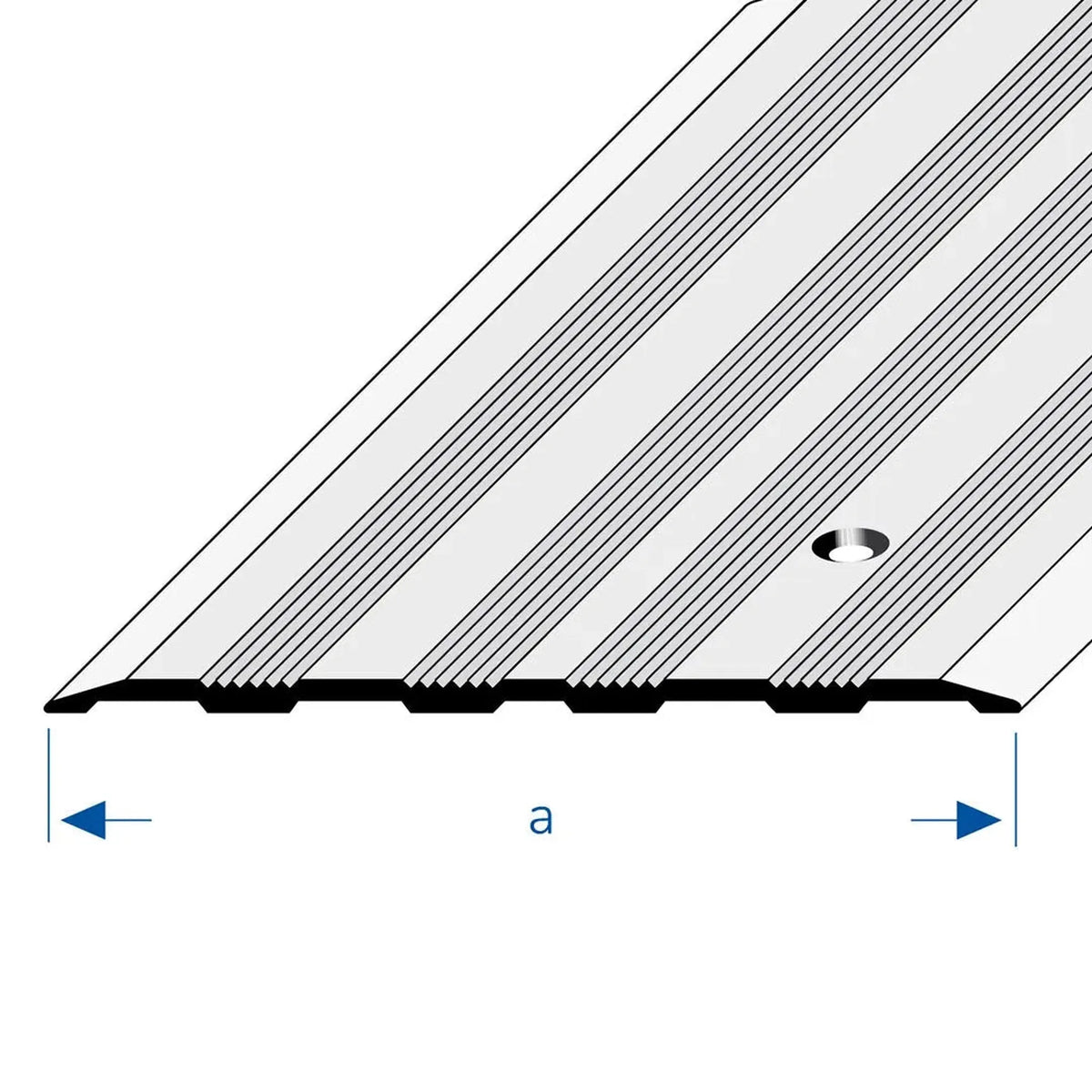 Drawing with width dimension a of a silver cover profile with drill hole and grooved surface #A0002940 #A0002944