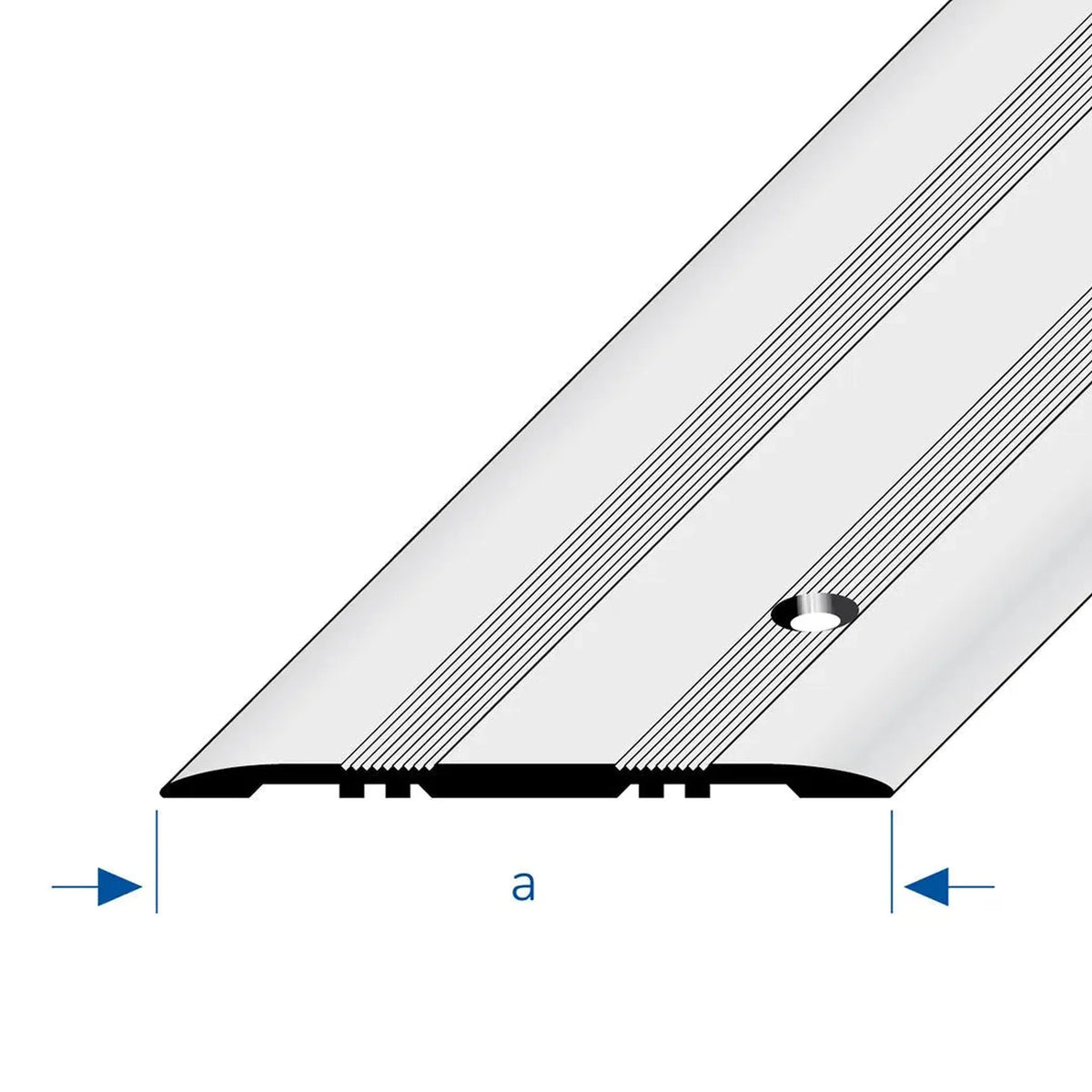 Drawing with width dimension a of a silver cover profile with grooved surface #A0002938 #A0002942