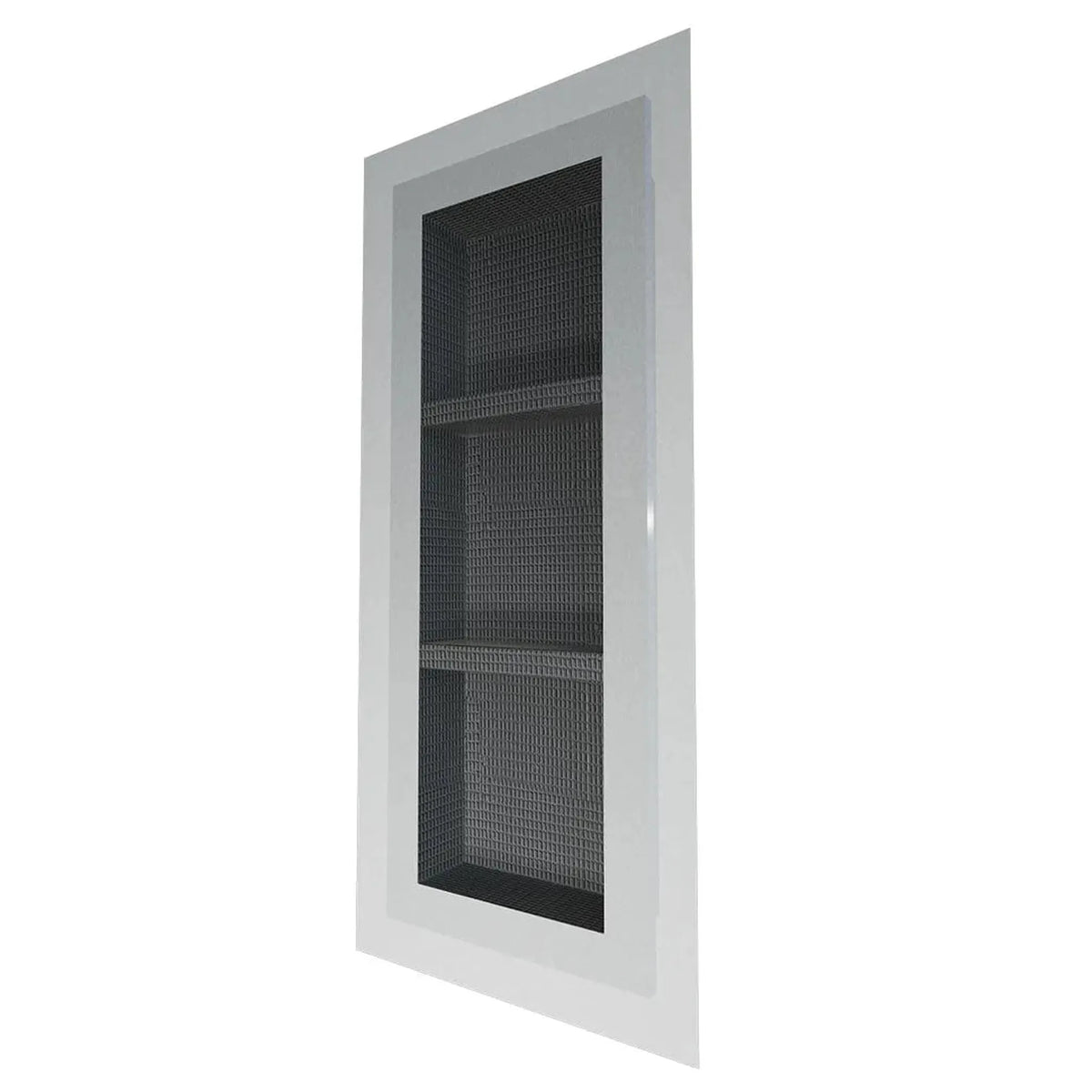 Widok z boku wnęki ściennej pod płytki PRO 250 x 800 x 87 mm z włókniną uszczelniającą i dwiema półkami pośrednimi #A0005003