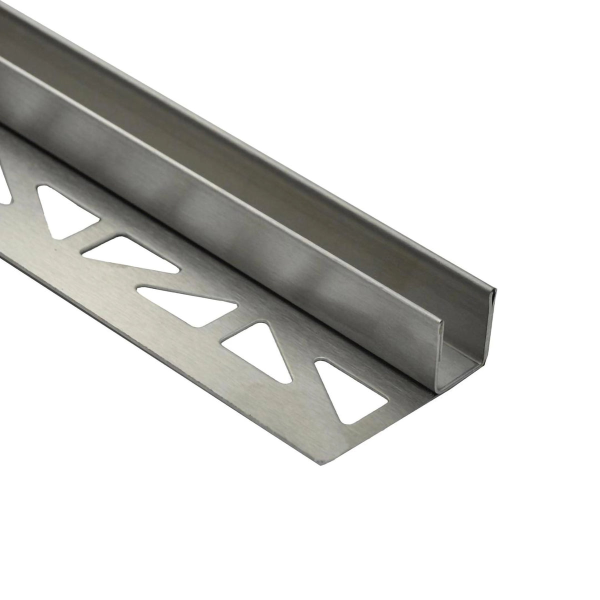 Left DURAL slope wedge glass mount made of brushed stainless steel with slight grinding pattern and matt appearance. View with leg with triangular punching #A0002772 #A0002774 #A0002776 #A0002905