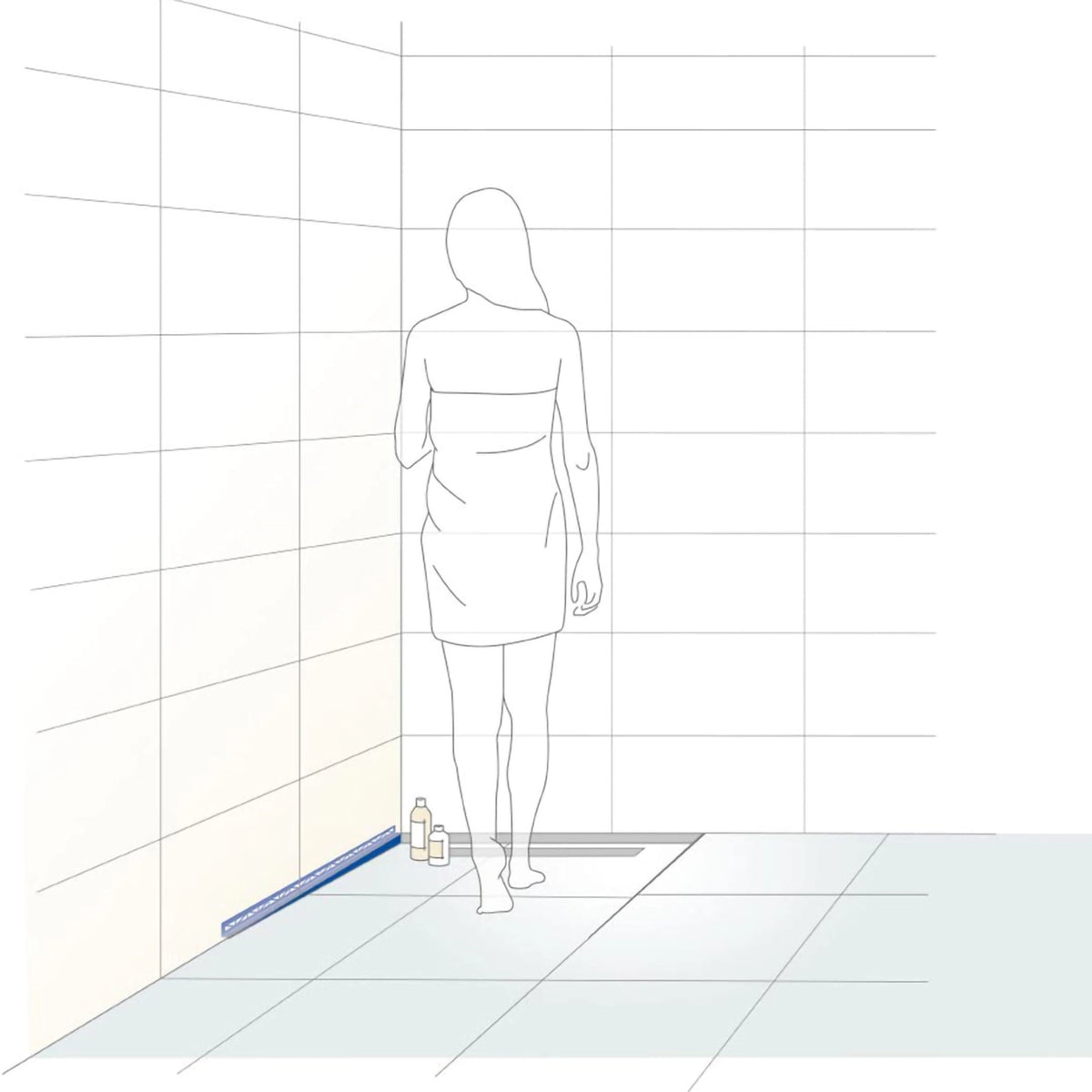 Illustration eines verbauten linken Gefällekeils für den seitlichen Wandanschluss mit Frau in Dusche #A0002345 #A0004462 #A0002347 #A0004468 #A0002351 #A0004463 #A0002353 #A0004469 #A0002355 #A0004464 #A0004470 #A0005205 #A0005206 #A0005207 #A0005208 #A0002357