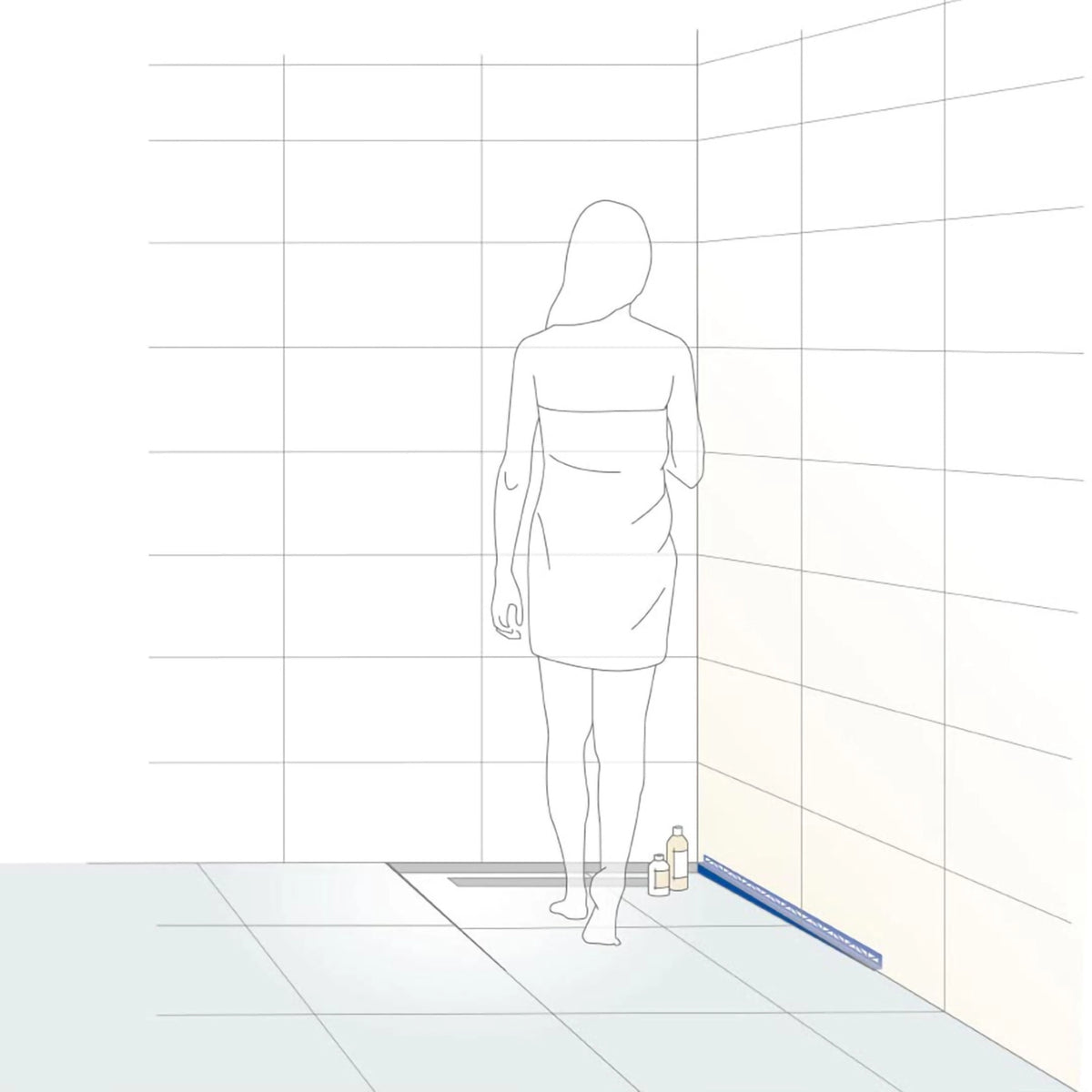 Illustration eines verbauten rechten Gefällekeils für den seitlichen Wandanschluss mit Frau in Dusche #A0002346 #A0004465 #A0002348 #A0004471 #A0002352 #A0004466 #A0002354 #A0004472 #A0002356 #A0004467 #A0002358 #A0004473 #A0005209 #A0005210 #A0005211 #A0005212