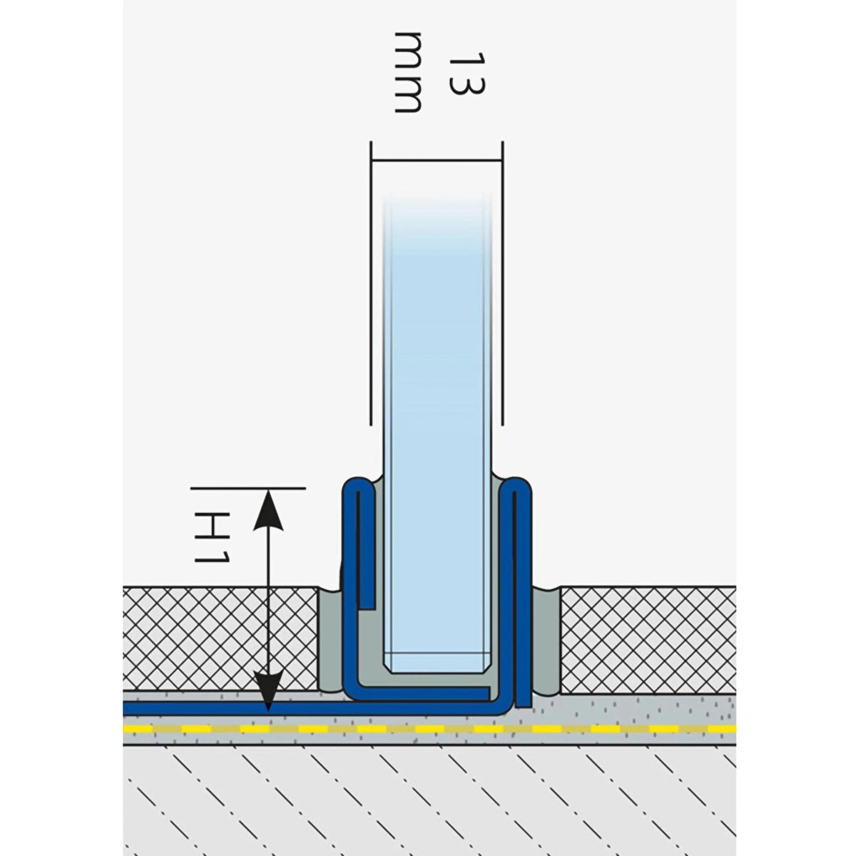 Rysunek dwuwymiarowy zamontowanego profilu U DURAL do szkła z 13 mm szkłem i zaznaczoną wysokością H1