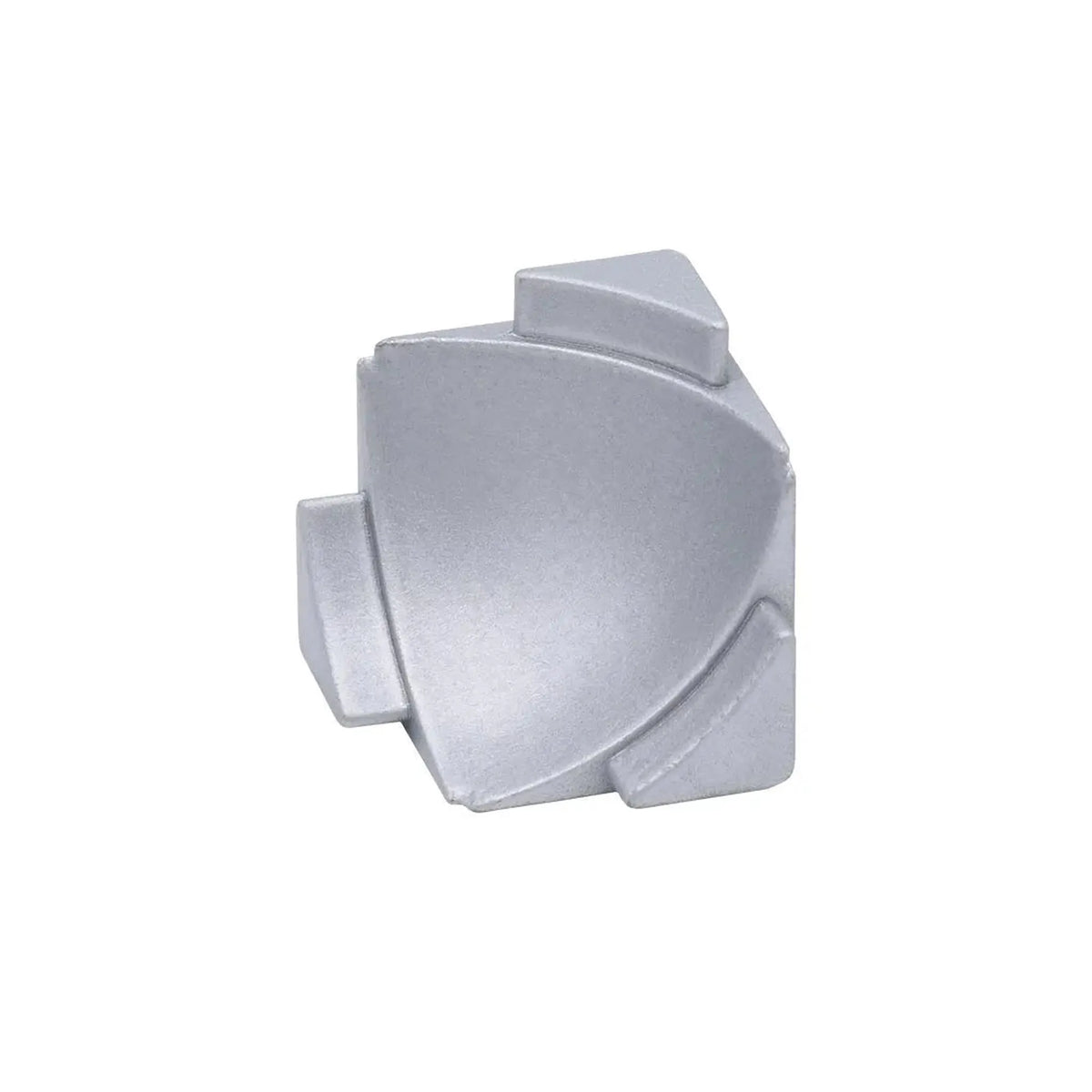 Detailed view of the three-dimensional inside corner for the wall connection profile COVE in silver with three mounting pins #A0002910