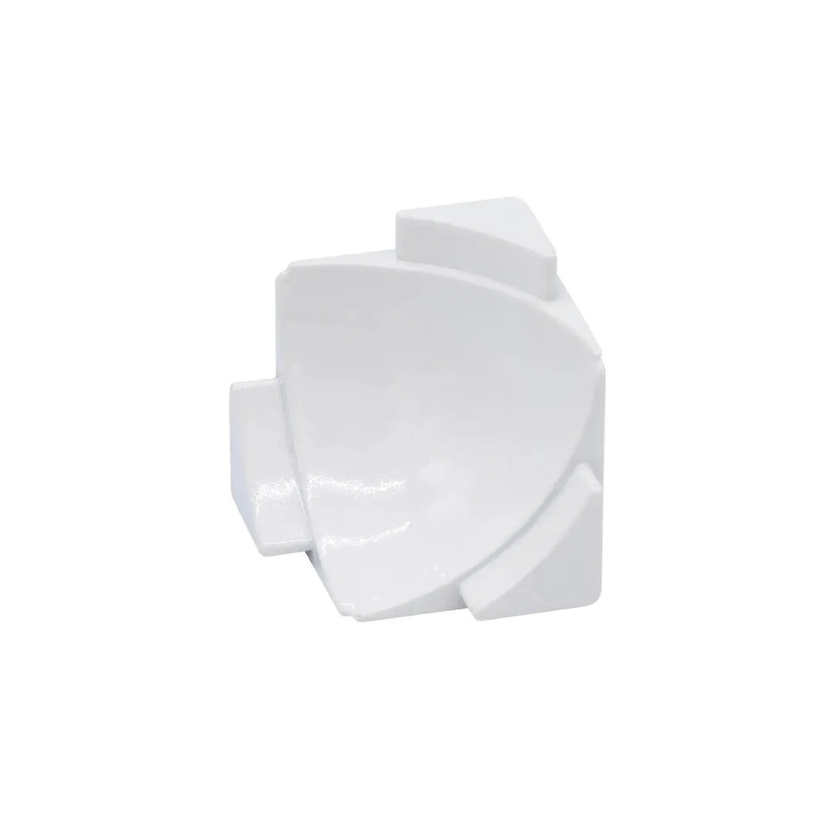 Detailed view of the three-dimensional inside corner for the wall connection profile COVE in white with three mounting pins #A0002915