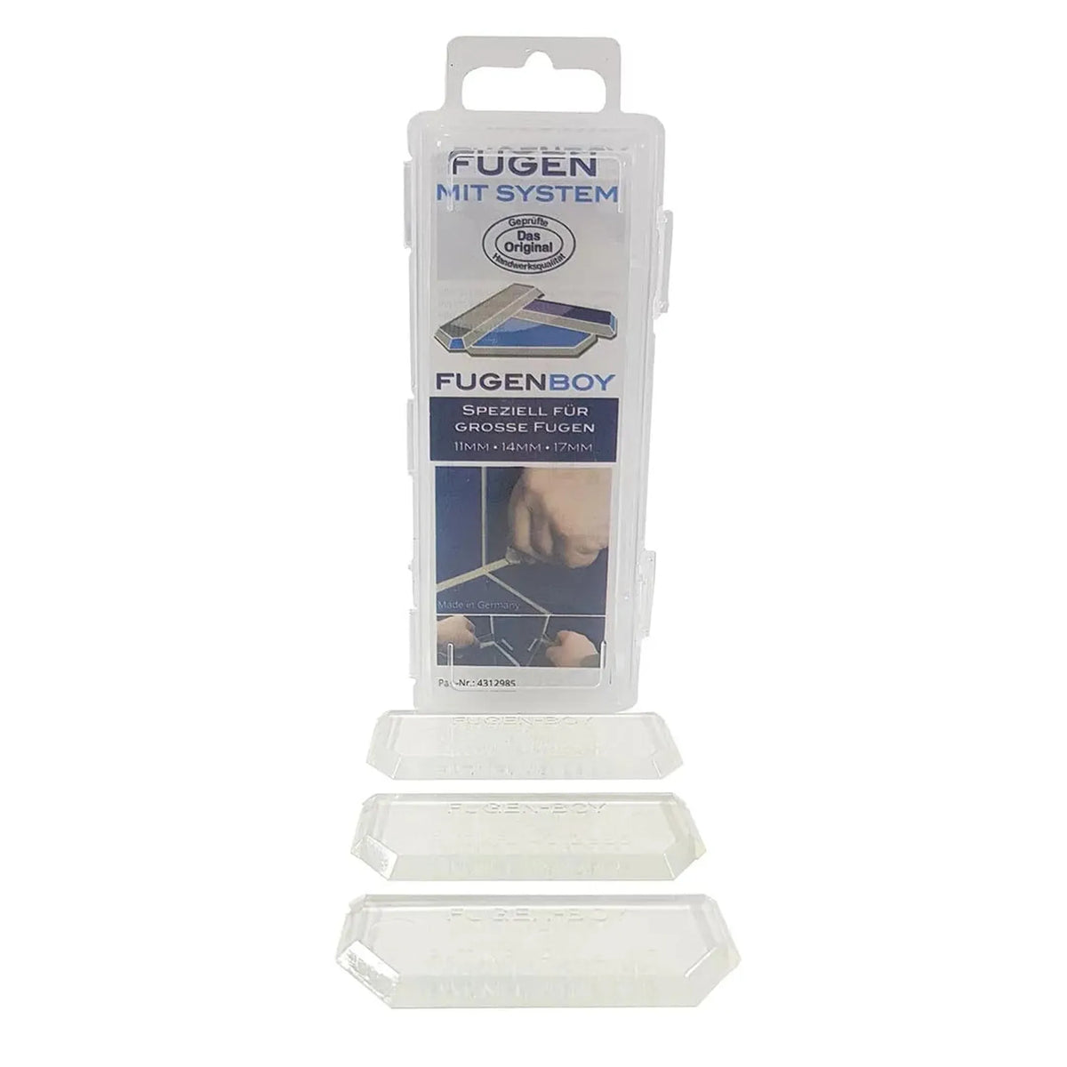 Detailed view of the Fugenboy Flux 3-piece set with packaging and three unpacked special spatulas