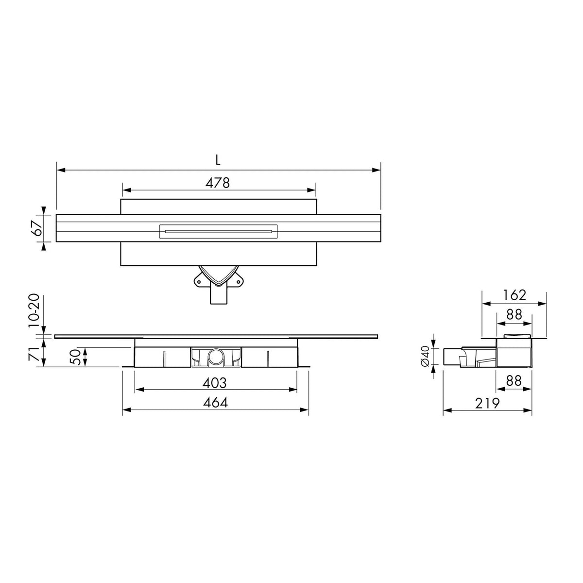 Technische Zeichnung des kürzbaren Duschrinnen Komplettsets für den Wandanschluss mit 71mm Einbauhöhe. #A0005335
#A0005336
#A0005337
#A0005341
#A0005342
#A0005343
#A0005347
#A0005348
#A0005349