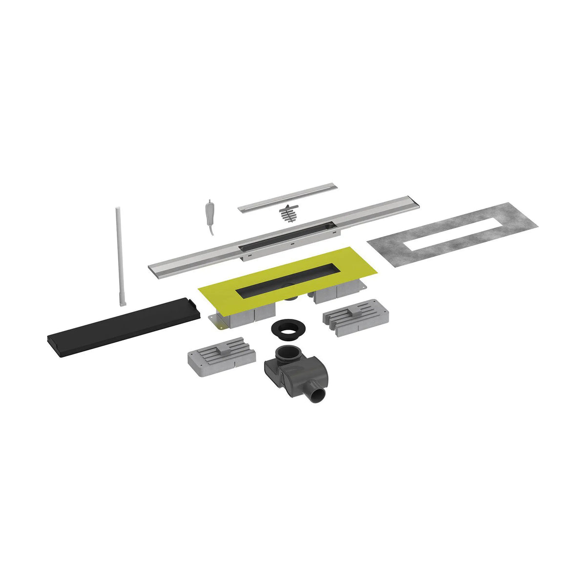 Kürzbares Duschrinnen Komplettset für den Wandanschluss mit einem gebürstetem Rost und 101mm Einbauhöhe in Einzelteilen. #A0005338
#A0005344
#A0005350