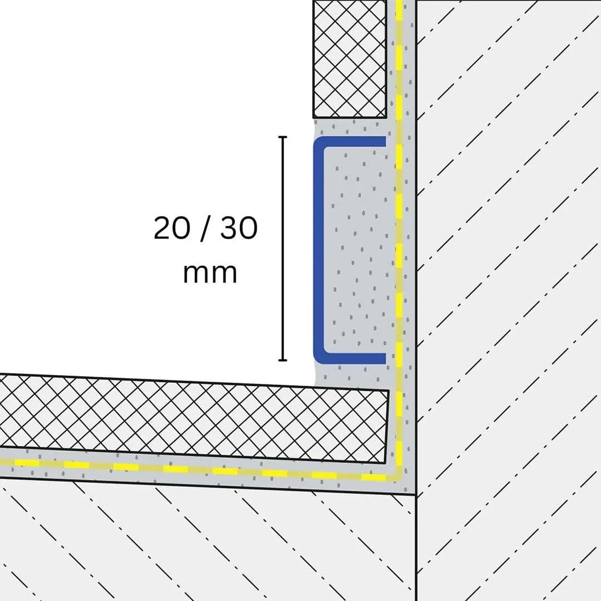 Zweidimensionale Zeichnung eines zwischen Boden und Wand verbauten Dekorprofils