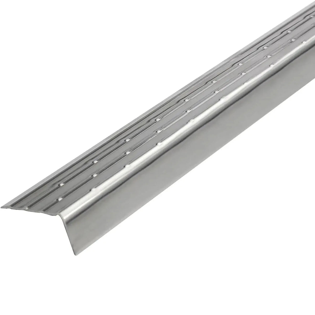 Close-up view L-shaped stair tread profile stainless steel for retrofitting with slightly grooved upper edge