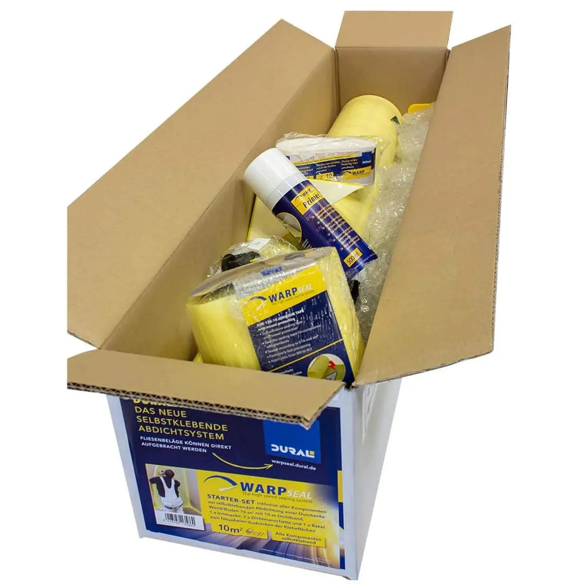 Starter kit self-adhesive waterproofing membrane WS with spray primer, waterproofing membrane and sealing corners in a cardboard box