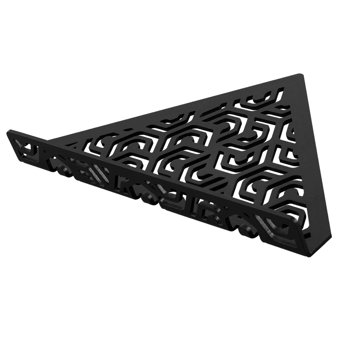 Image détaillée de la tablette d'angle triangulaire TI-SHELF noire en aluminium avec motif Penta et garde-corps #A0004299