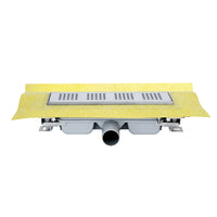 Flat shower drain from DURAL with horizontal drain, sealing flange and square grate cover