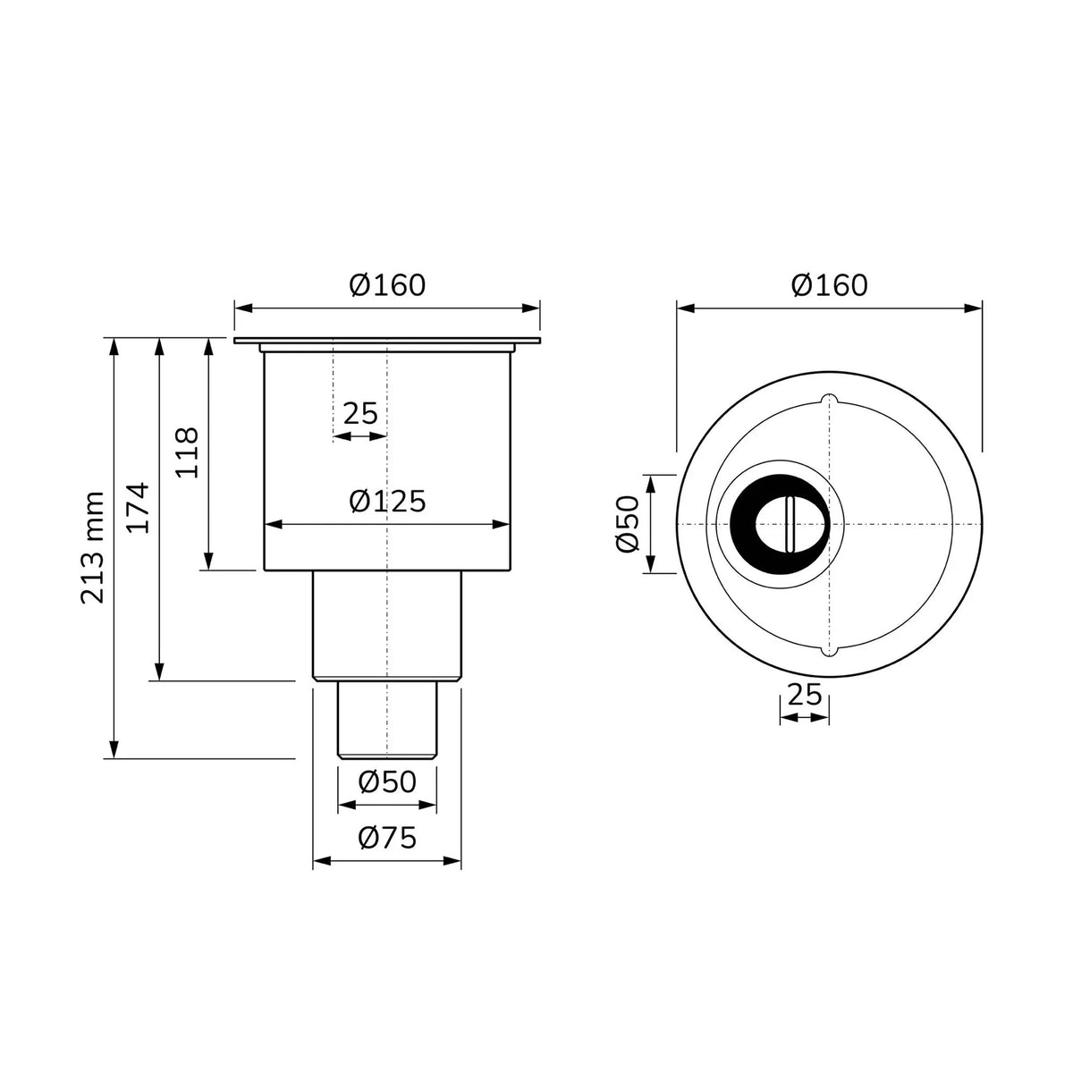 Technical drawing of the vertical drain for trimmable shower drain complete sets