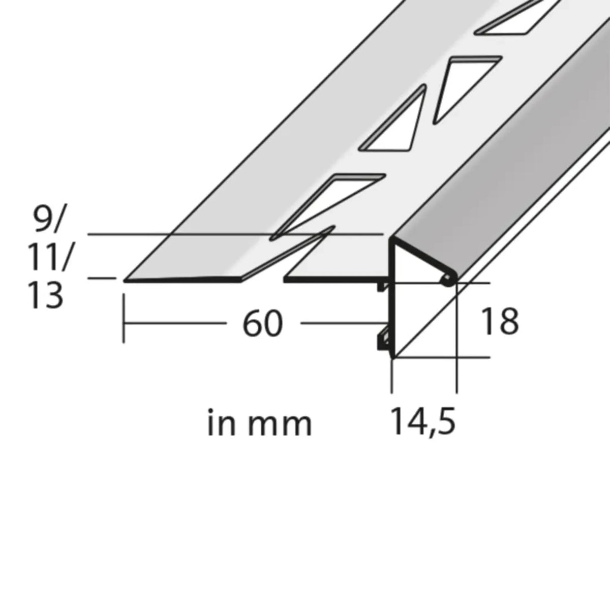 Technical drawing with dimensioned balcony angle profile with drip edge, panel height 18 mm #A0003318 #A0003321 #A0003324 #A0003299 #A0003303 #A0003306
