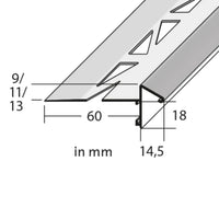 Technical drawing with dimensioned balcony angle profile with drip edge, panel height 18 mm #A0003318 #A0003321 #A0003324 #A0003299 #A0003303 #A0003306