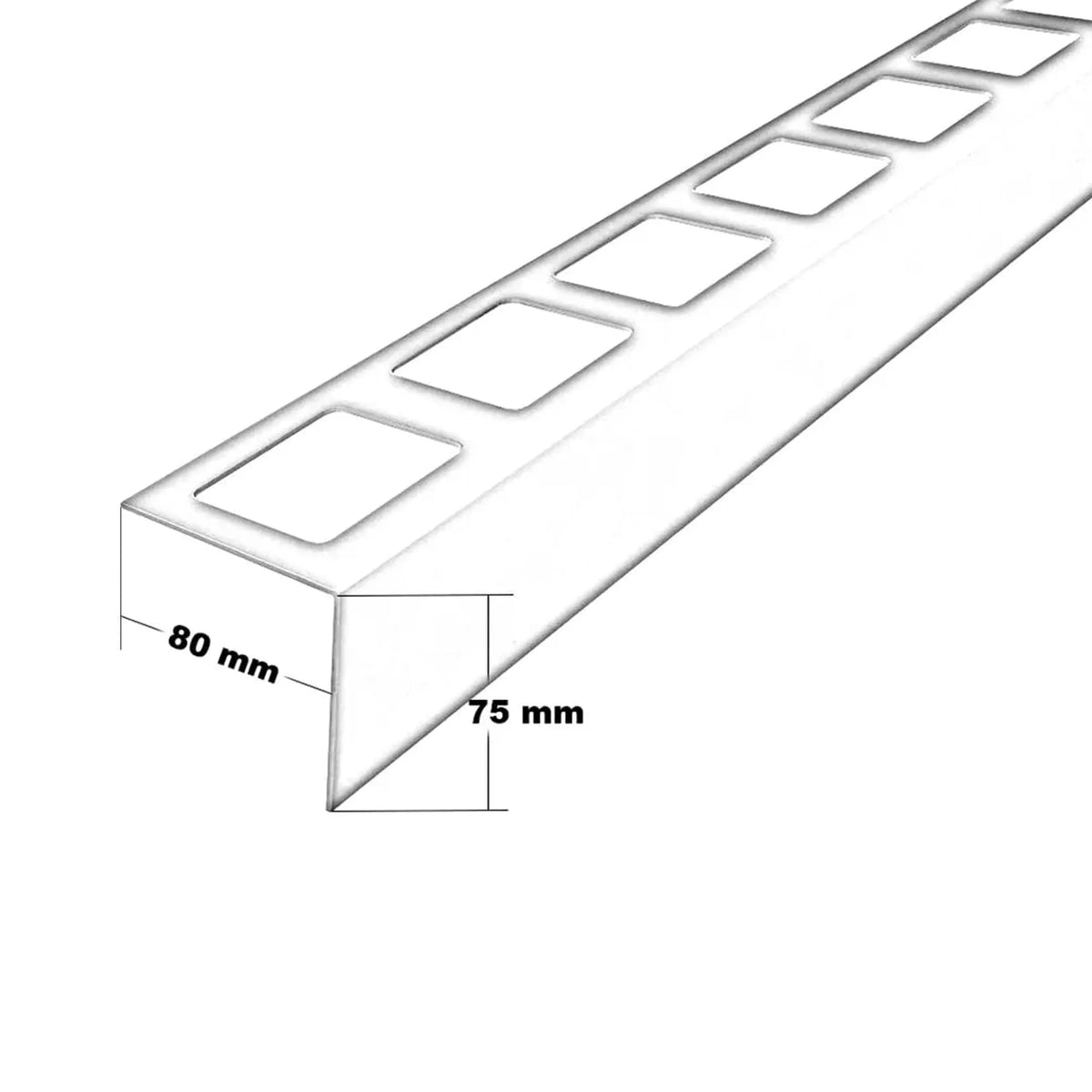 Dimensioned technical drawing of the balcony profile L-shape aluminium. support leg 80 mm, panel 75 mm #A0004281 #A0004280 #A0001268