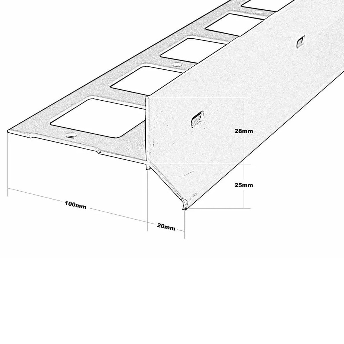 Bemaßte technische Zeichnung des Balkonprofil Y-Form. Auflageschenkel 100 mm, Blende 53 mm #A0003433 #A0001287