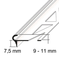 Schwarz/weiß Zeichnung des Florentiner Treppenprofils Aluminium mit Bemaßung. Abdeckung nach unten 7,5 mm, Höhe Kantenschutz 9 bis 11 mm