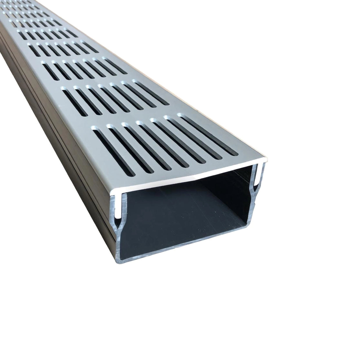 Flat and wide drainage channel UD Pro 100 with silver grate and black channel body #A0003387 #A0003383