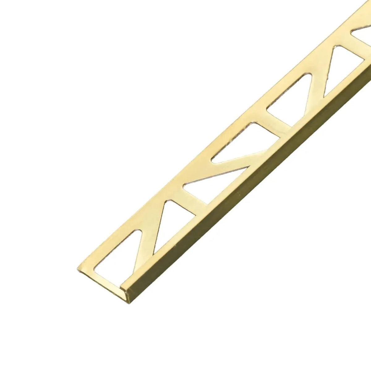 Detailed view of the DURAL angle profile made of brass with golden appearance, untreated surface and triangular punching - small version #A0004575
#A0004576