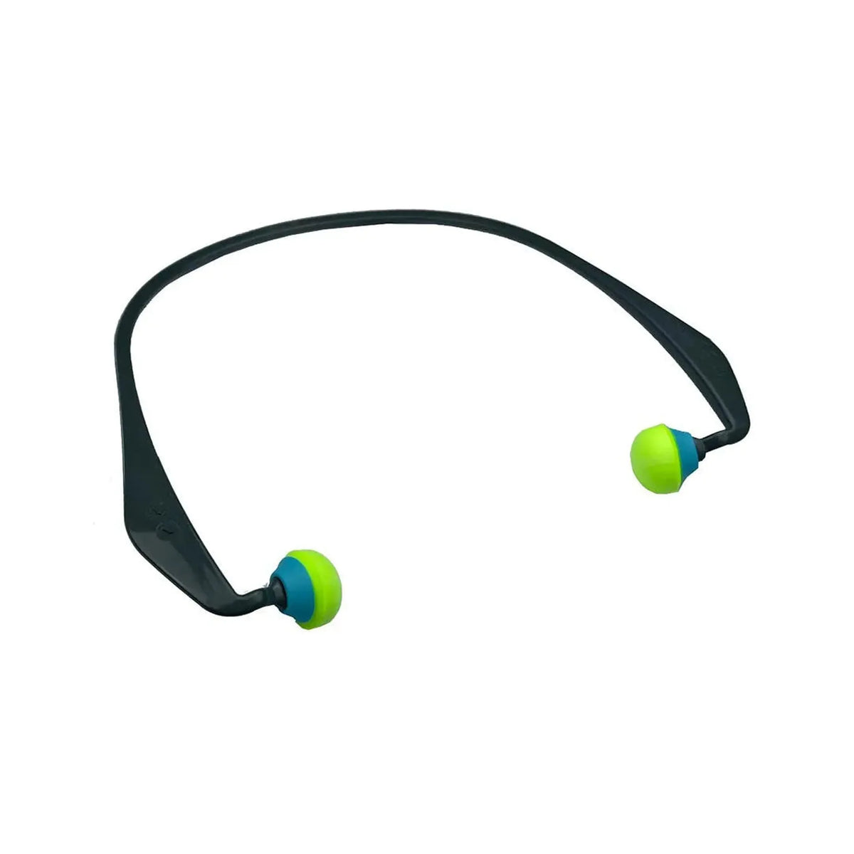 Deux bouchons d'oreille vert fluo reliés par un arceau noir