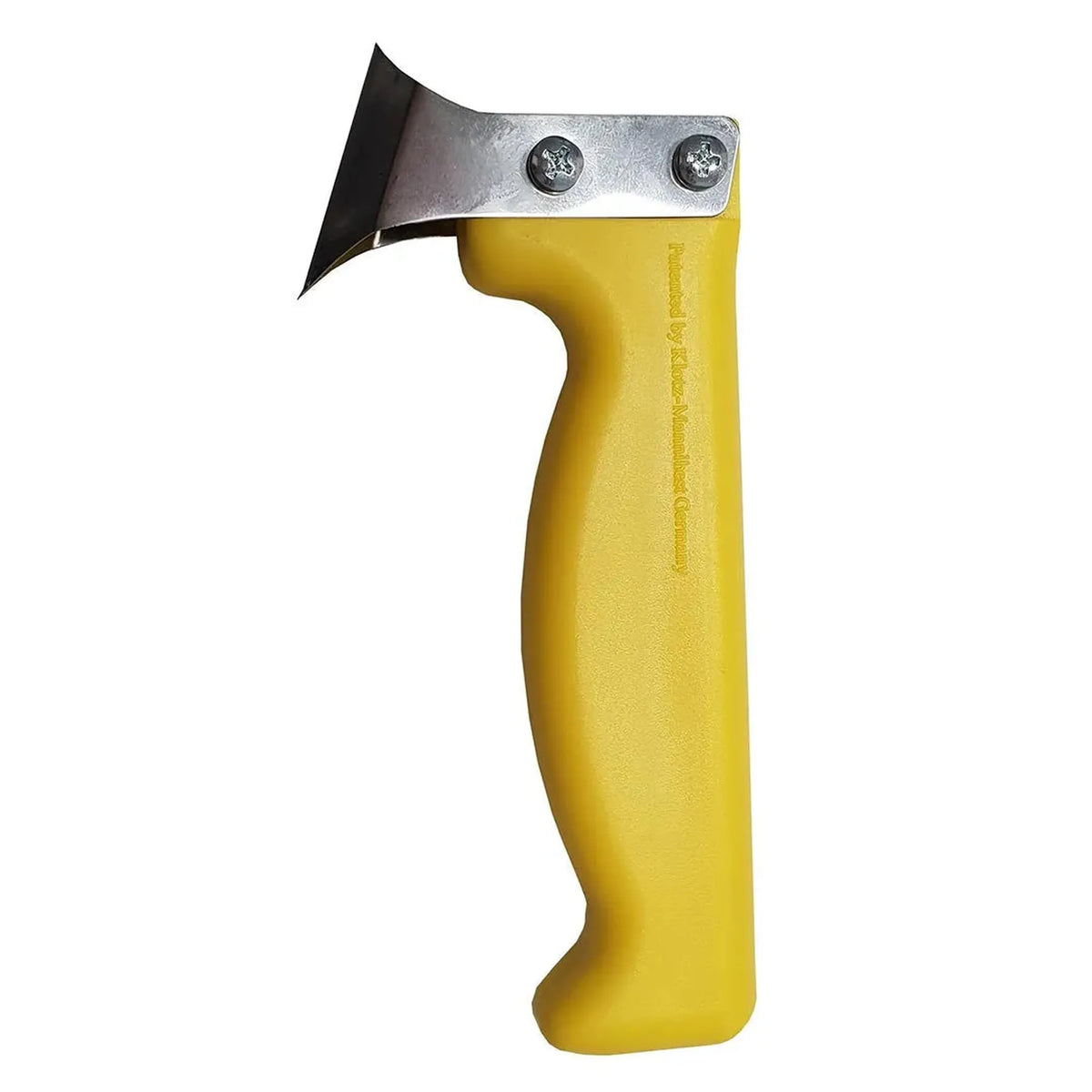 Close-up view of a joint knife with yellow plastic handle and metal blade