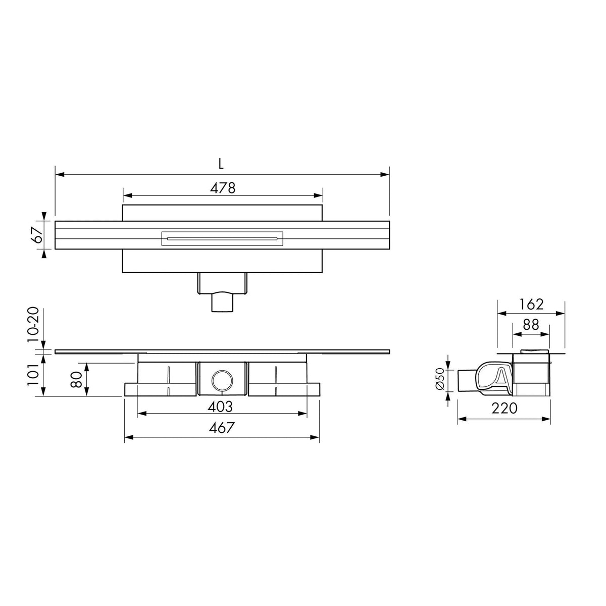 Technische Zeichnung des kürzbaren Duschrinnen Komplettsets für den Wandanschluss mit 101mm Einbauhöhe. #A0005338
#A0005339
#A0005340
#A0005344
#A0005345
#A0005346
#A0005350
#A0005351
#A0005352
