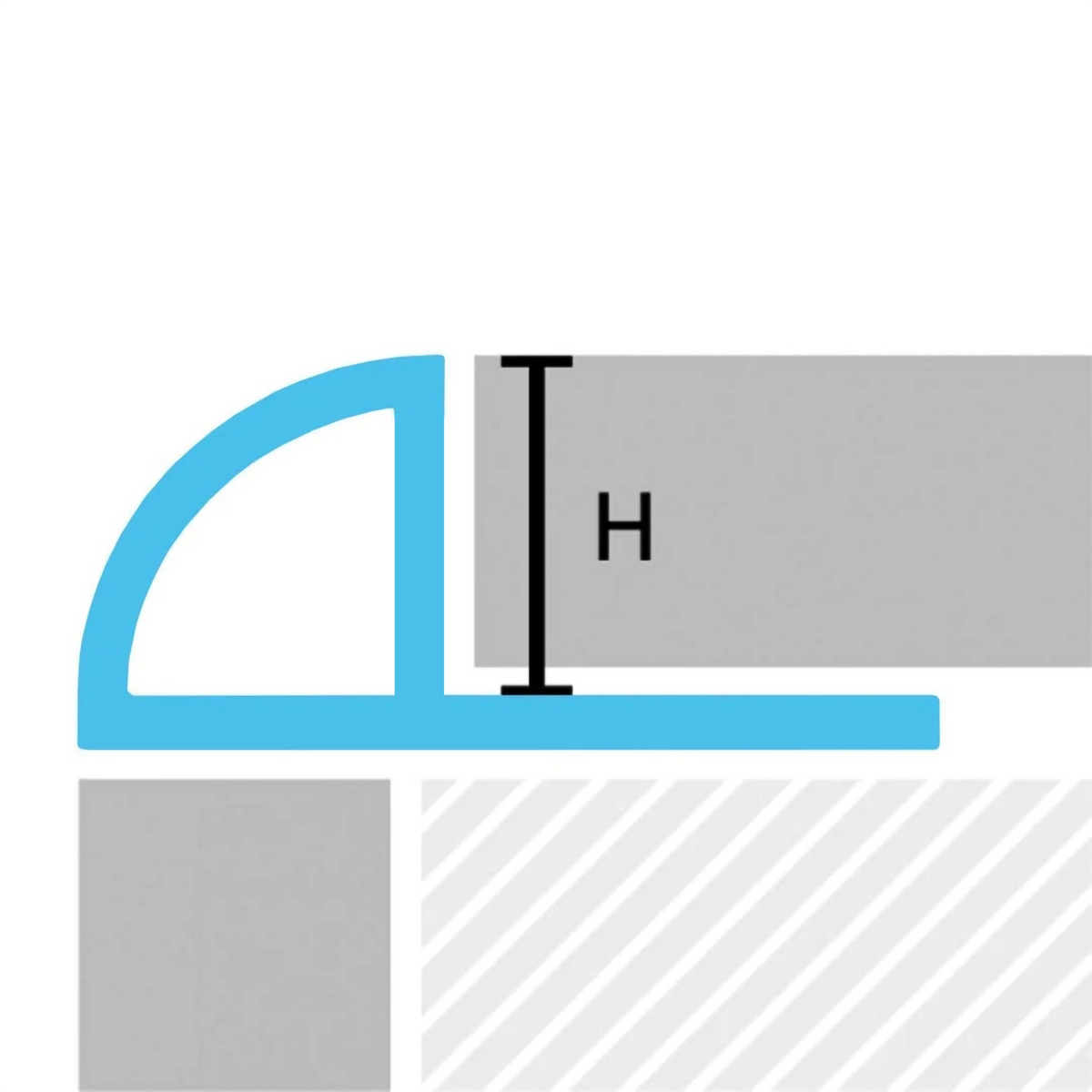Two-dimensional drawing of on installed, closed quarter round profile aluminium with height H